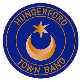 Image showing the Hungerford town band logo. Two blue and gold circles inside each other with the band name and a picture of a star and the moon